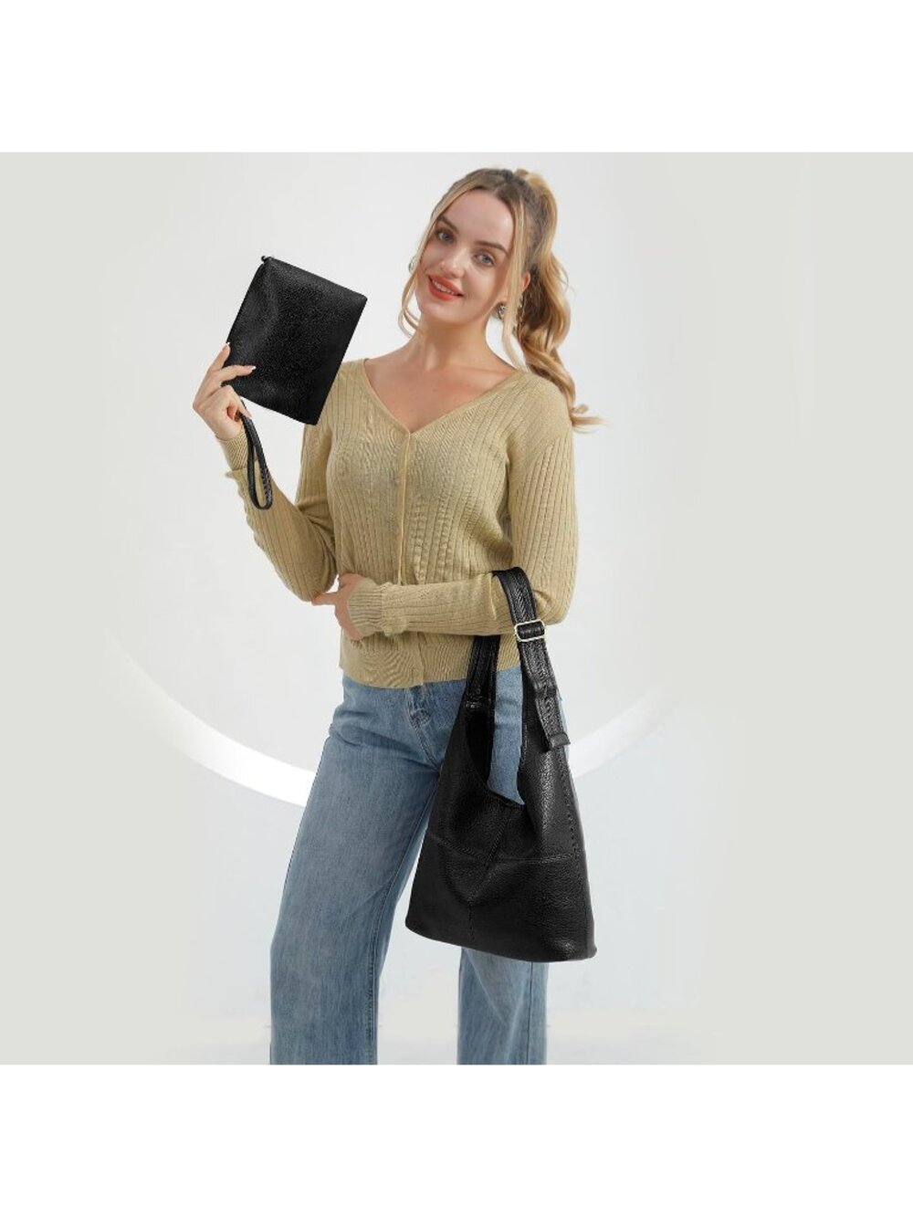 〽️Women Black Soft Slouchy Vegan Leather Matching Wristlet Hobo Shoulder Handbag - Picture 6 of 6